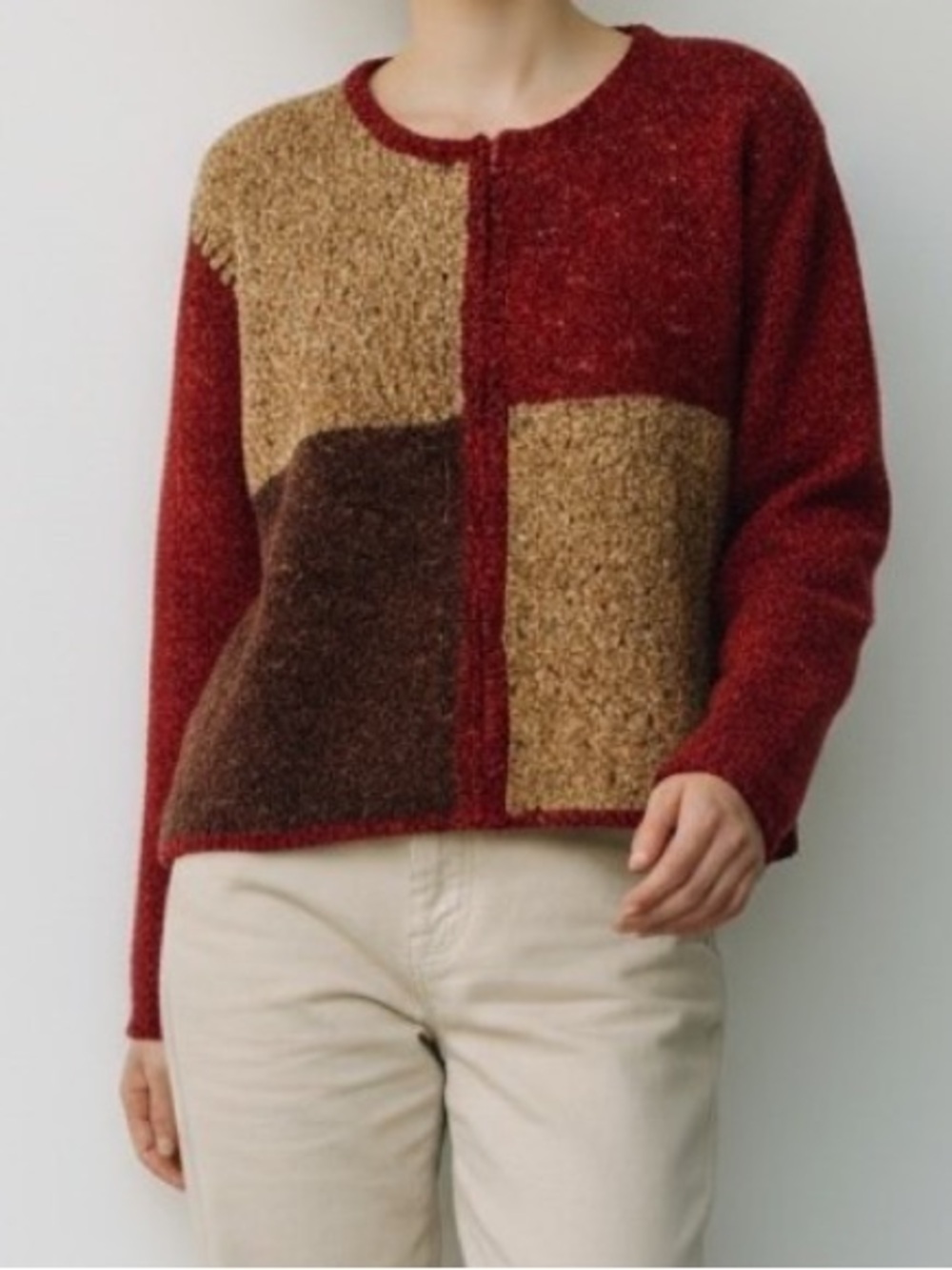 Dress Barn Color Blocked Cardigan Sweater Jacket Fall Wool Blend shldr pads Y2K
